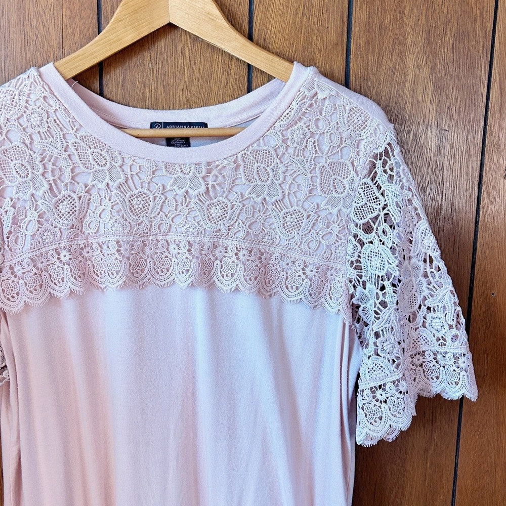 Adrianna Papell Women's XL Pink Lace Top Short Sleeve Blouse Casual Elegant